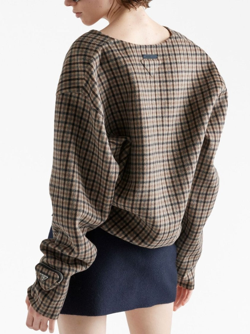 Prada Check Pattern V-Neck Angora-Virgin Wool Blend Top