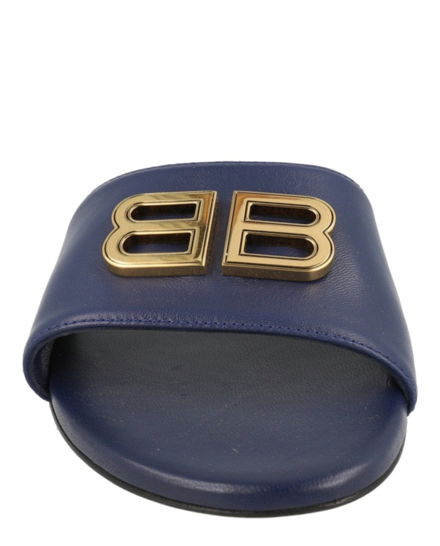 Balenciaga Flat Slide Sandals With Gold-Tone Bb Logo And Smooth Finish