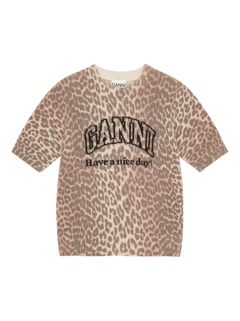 Ganni Short-Sleeved Leopard Print Top With Bold Lettering