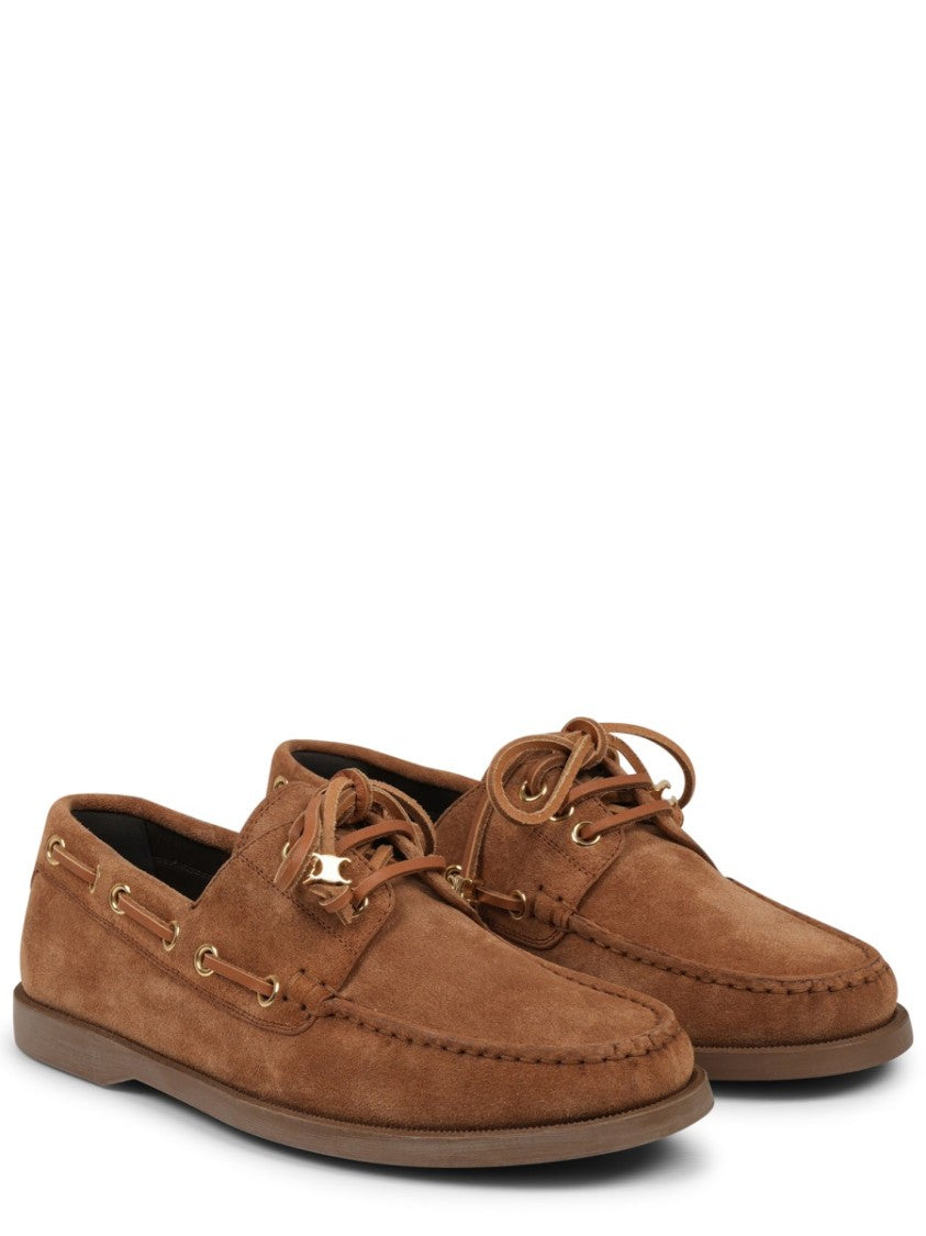 Celine Brown Calf Leather Moccasin Shoes With Decorative Lace