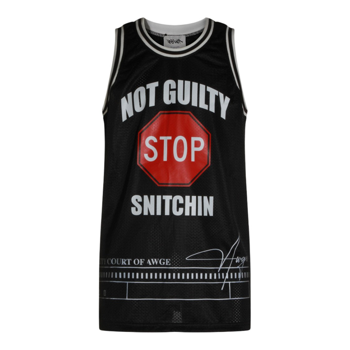 Awge Sleeveless Black Mesh Top With Striped Trim