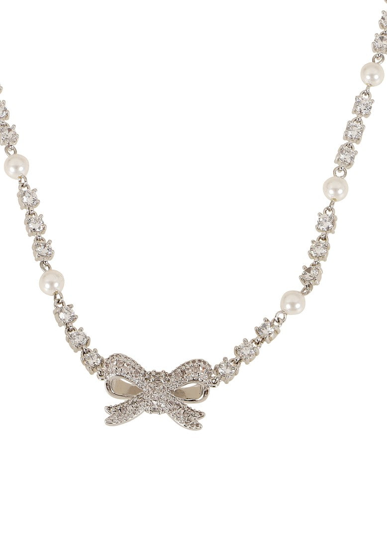 Self-Portrait Silver Three-Dimensional Crystal Pearl Bow Choker