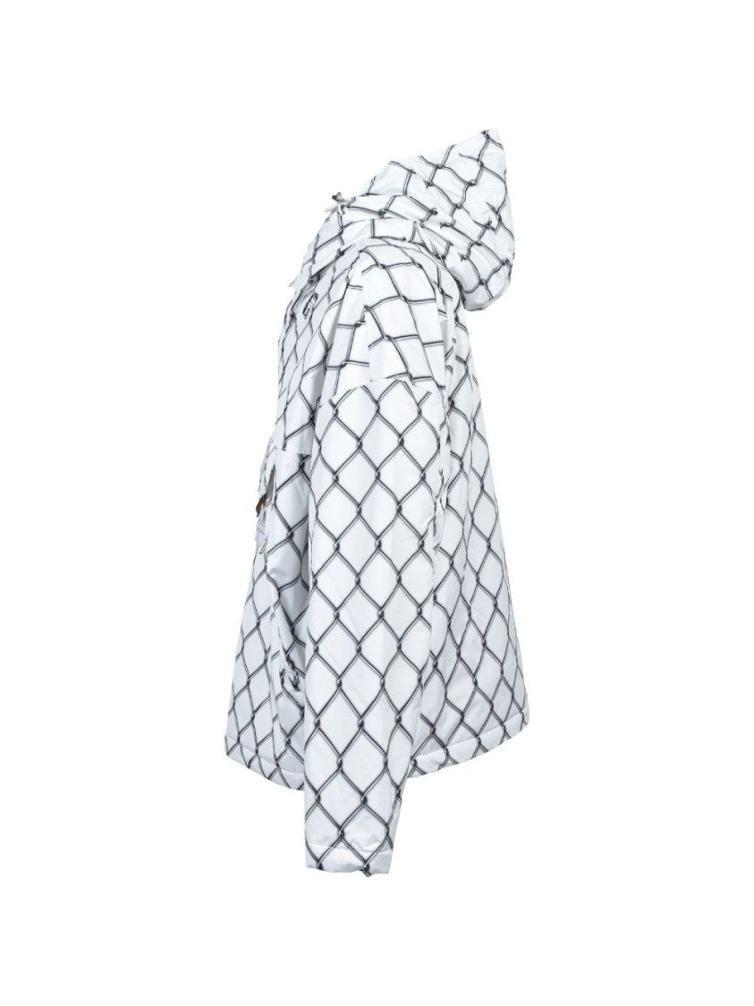 Napapijri Boxy White Jacket With Black Chain-Link Pattern And Hood