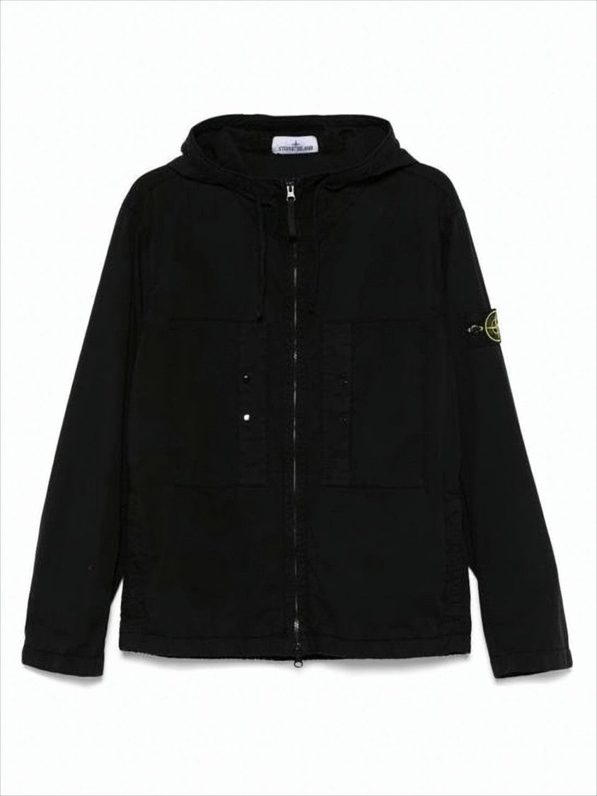 Stone Island Black Casual Jacket With Hood And Signature Patch