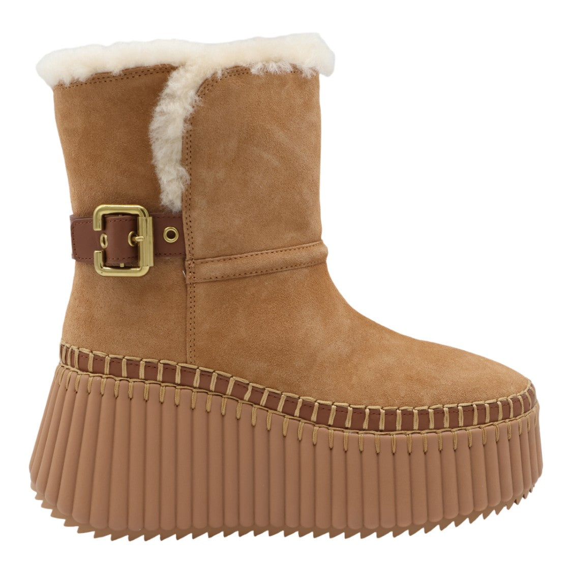 Chloé Suede Shearling Lined Gold Buckle Platform Boots