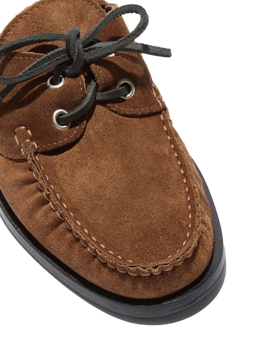 Aeydē Tobacco Cow Suede Leather Loafers With Metal Eyelets