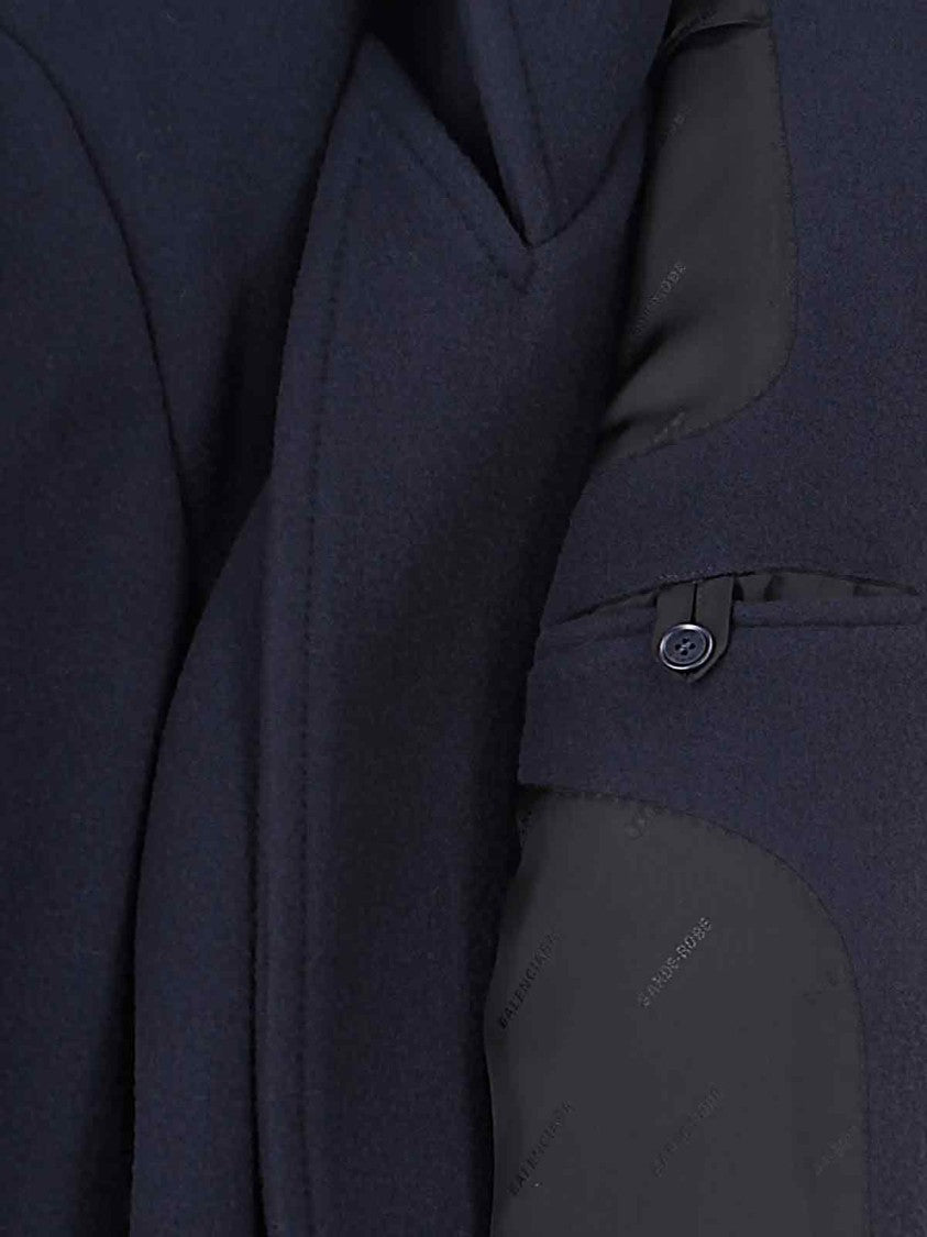 Balenciaga Navy Blue Hooded Wool Coat With Oversized Lapels
