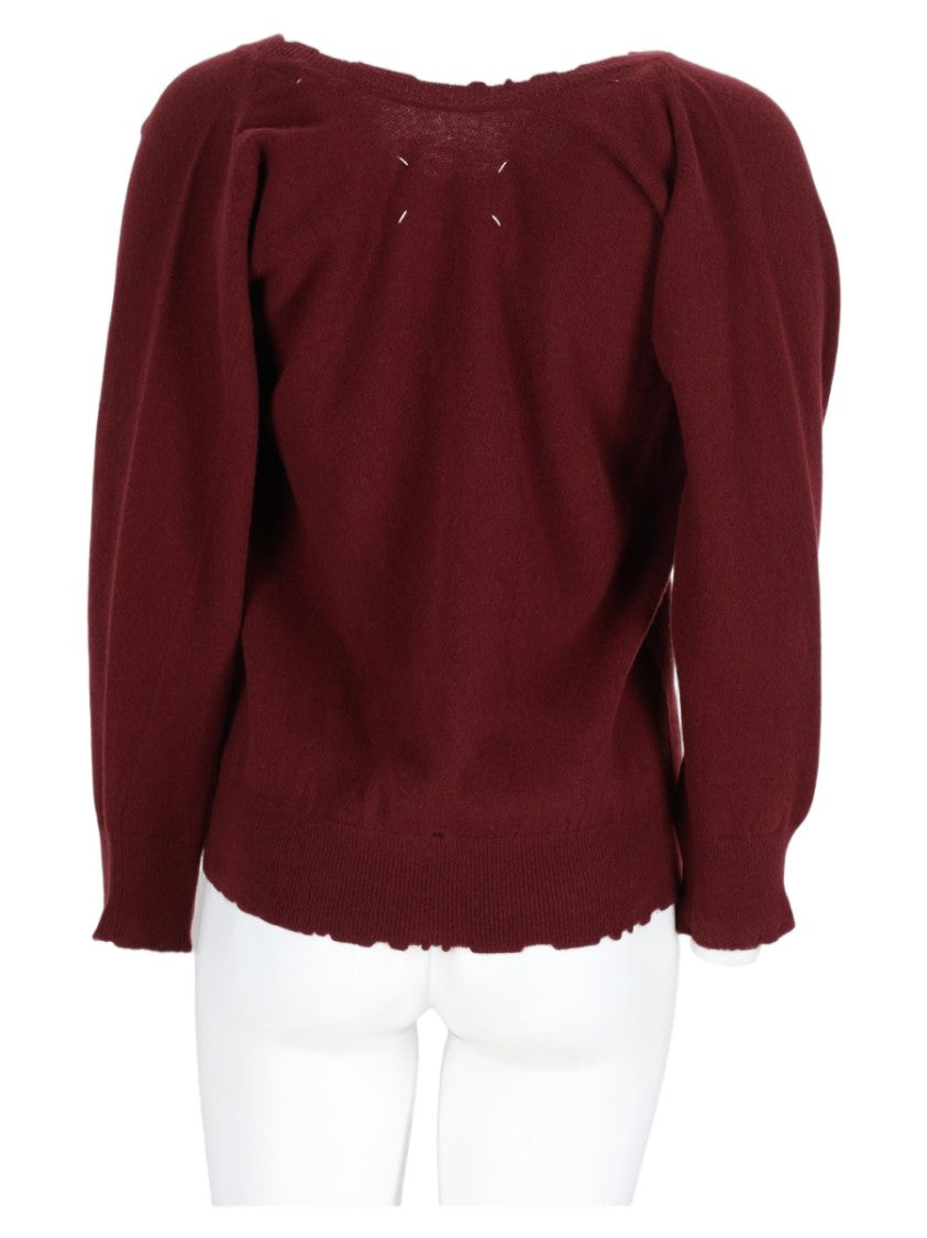Maison Margiela Burgundy V-Neck Puffed-Sleeve Sweater