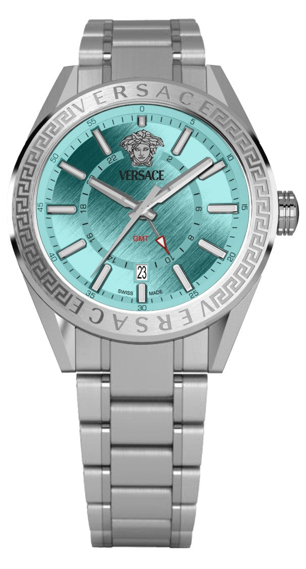 Versace Robust Stainless Steel Versace V-Code Watch With Greek Key Bezel