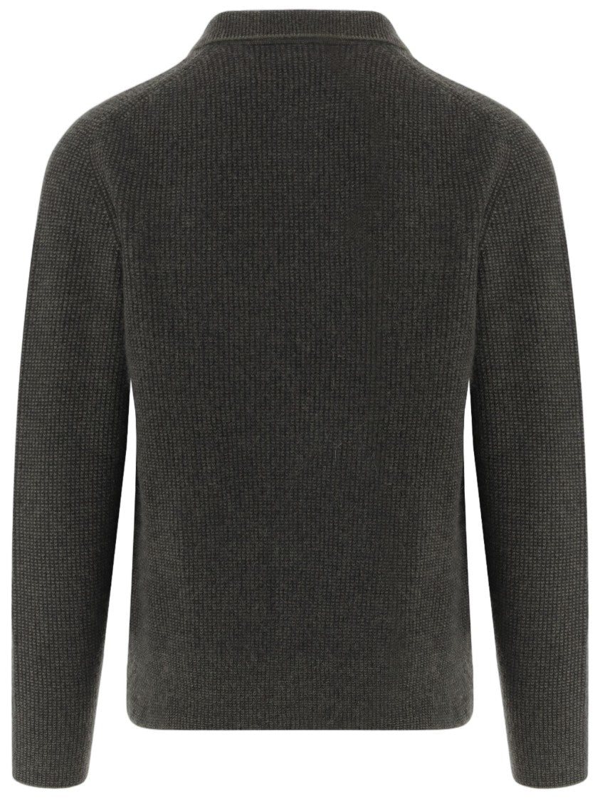 Vince Dark Green Collar Knit-Pattern Cashmere Sweater