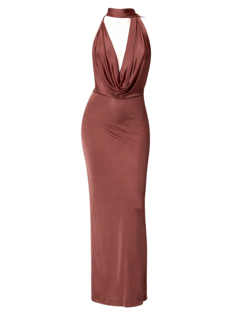 Amazuin Fluid Satin Jersey Maxi Dress With Halter Neckline And Draped Detail