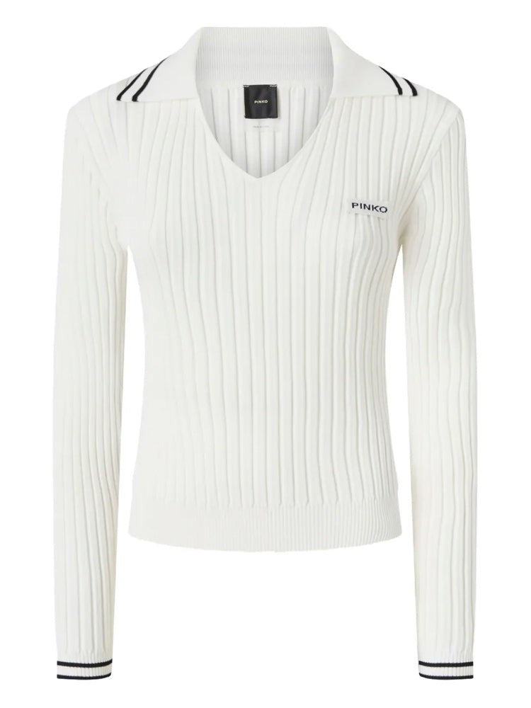 Pinko Ribbed Knit Polo-Style Sweater With Black Stripe Accents