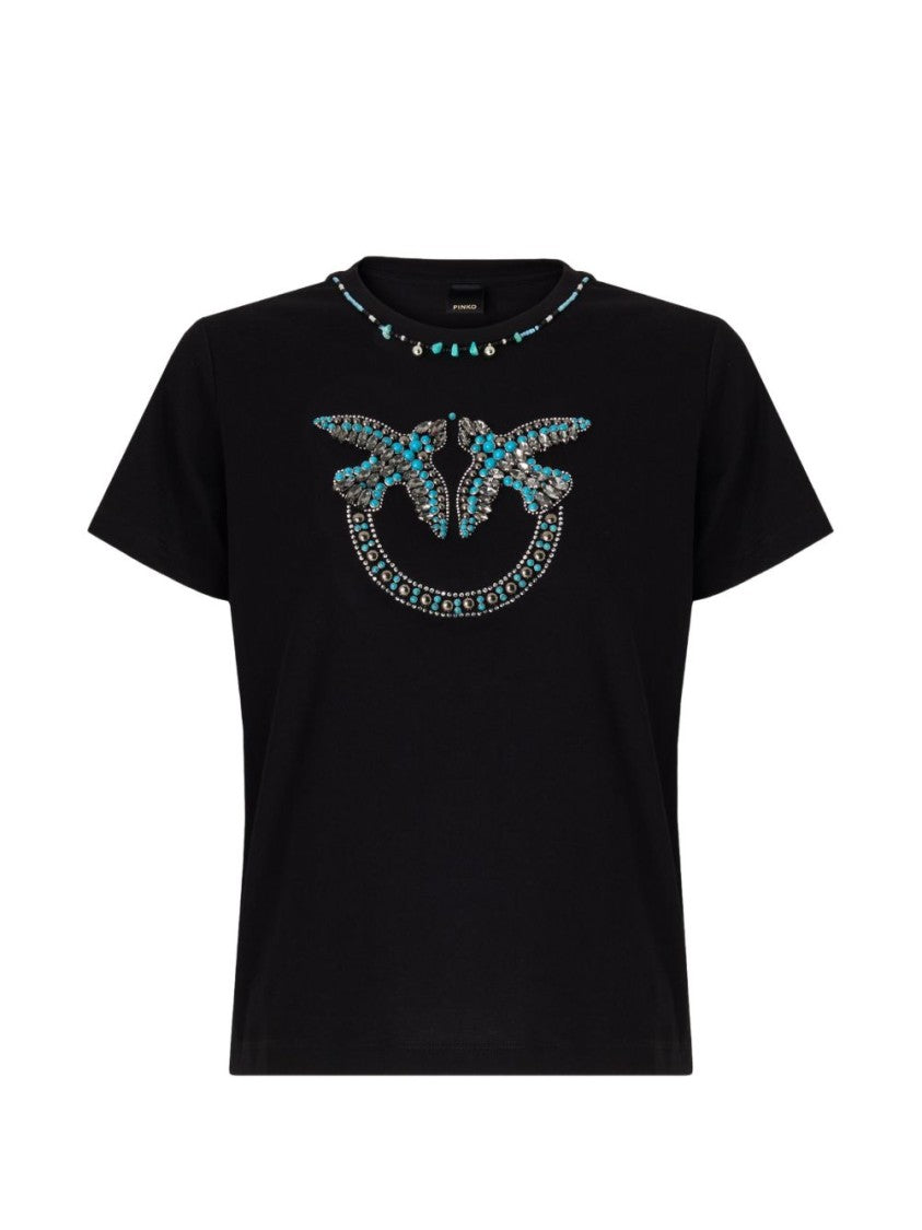 Pinko Black Love Birds Jewel Crew-Neck T-Shirt