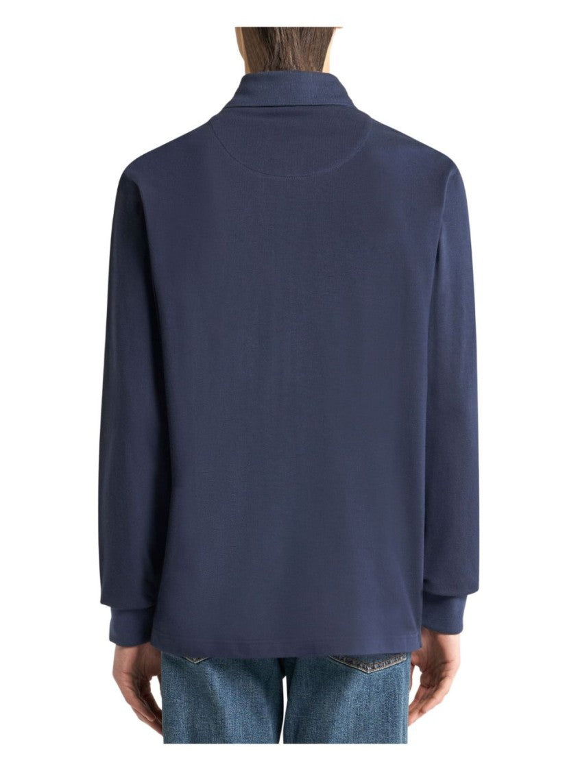 Etro Pegaso-Embroidered Navy Blue Long Sleeve Polo Shirt