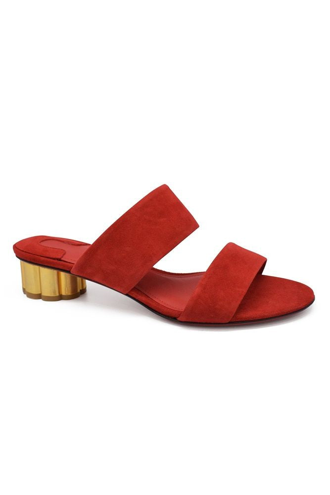 Salvatore Ferragamo Red Suede Mules With Golden Flower Heel