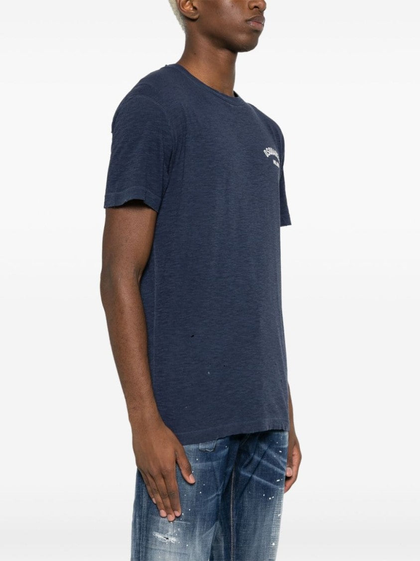 Dsquared2 Navy Blue Distressed Cotton Blend T-Shirt