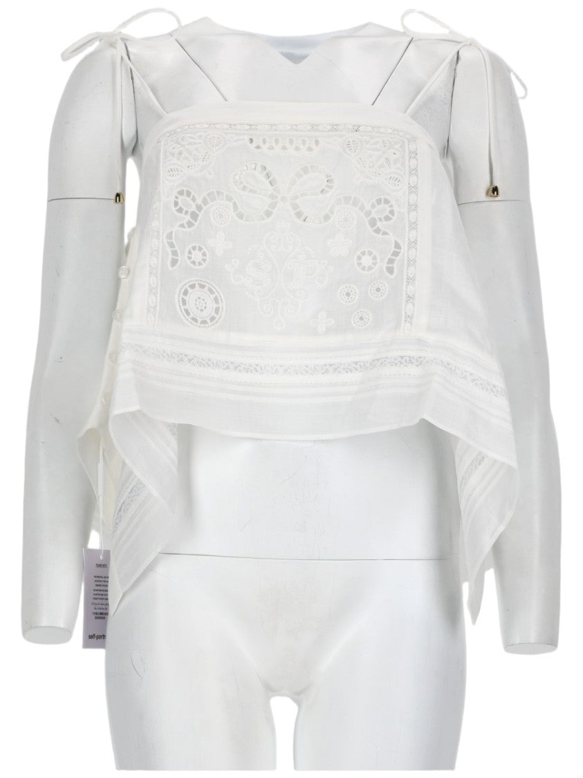 Self-Portrait Asymmetrical Sheer Overlay Embroidered Top