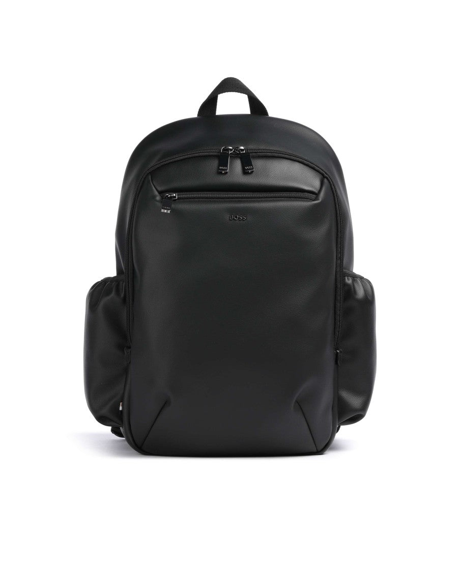 Boss Black Leather Metal Lettering Zip Backpack