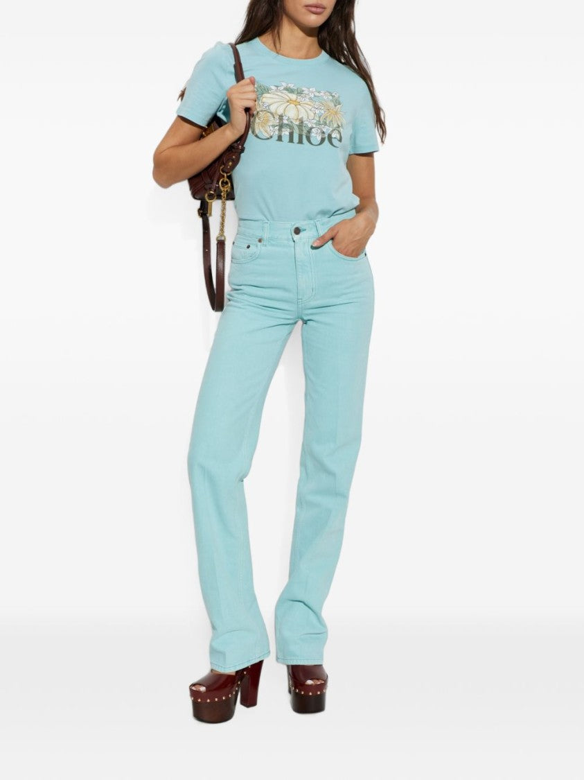 Chloé Light Blue Cotton Floral Graphic T-Shirt