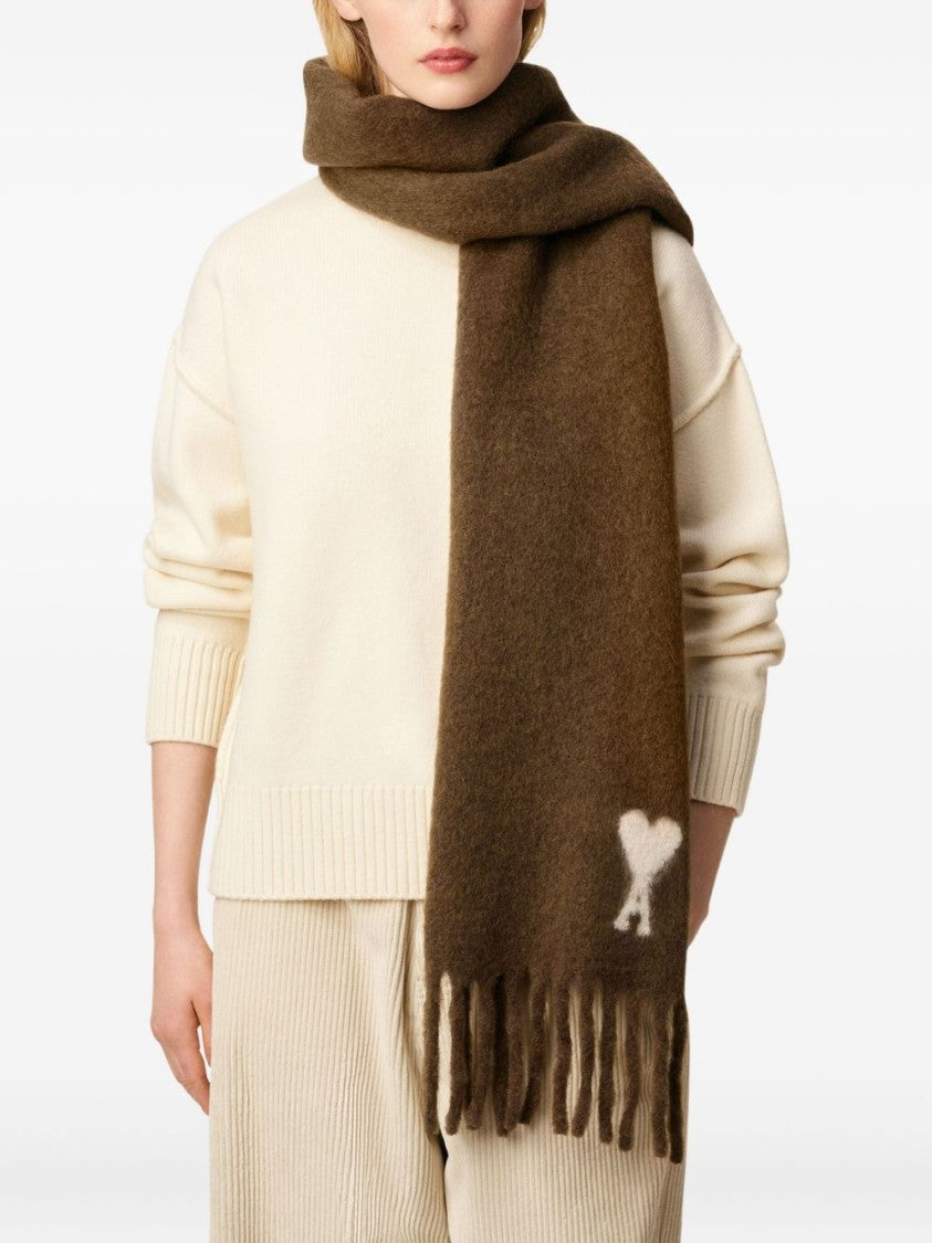 Ami Paris Brown Alpaca Blend Fringed Monogram Scarf