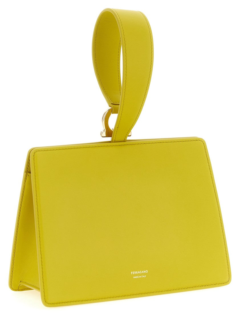 Ferragamo Mini Leather Clutch With Gancini Detail And Bracelet Strap