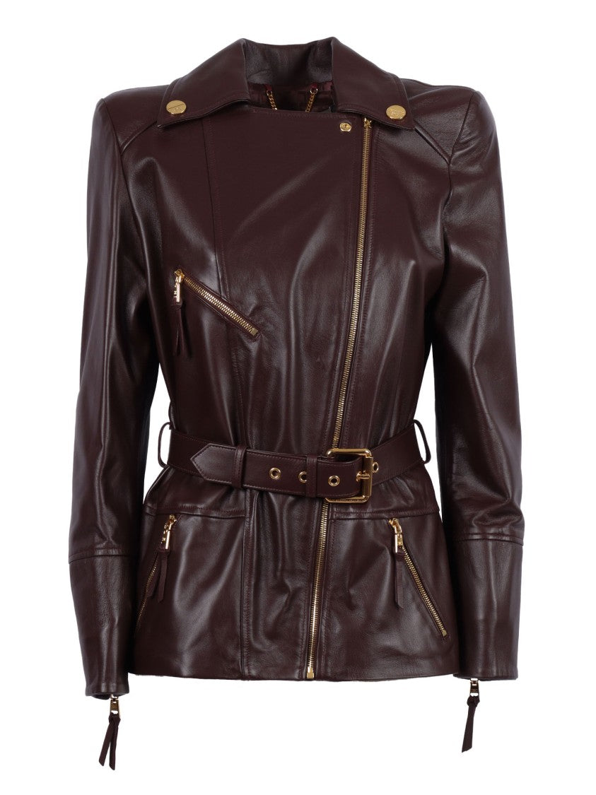 Elisabetta Franchi Fitted Leather Jacket With Belted Waist And Gold Hardware