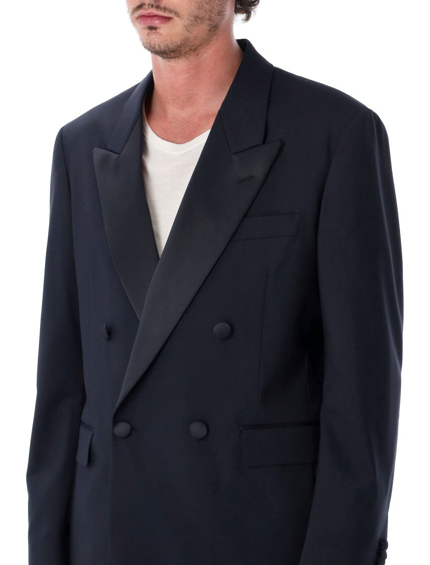 Lardini Double-Breasted Black Satin Lapel Smoking Jacket