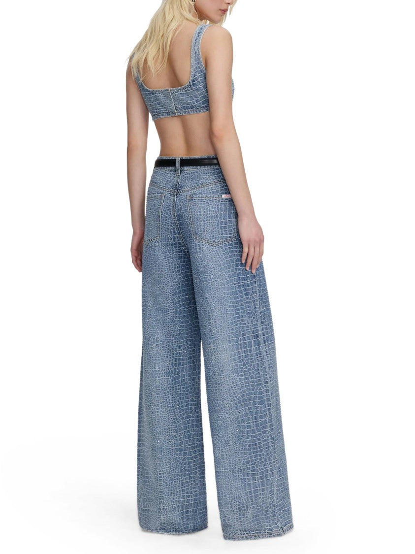 Self-Portrait Rhinestone-Embellished Croc Effect Wide-Leg Jeans