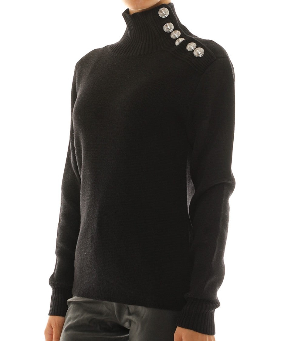 Rabanne Black Virgin Wool Turtleneck Sweater With Silver Buttons