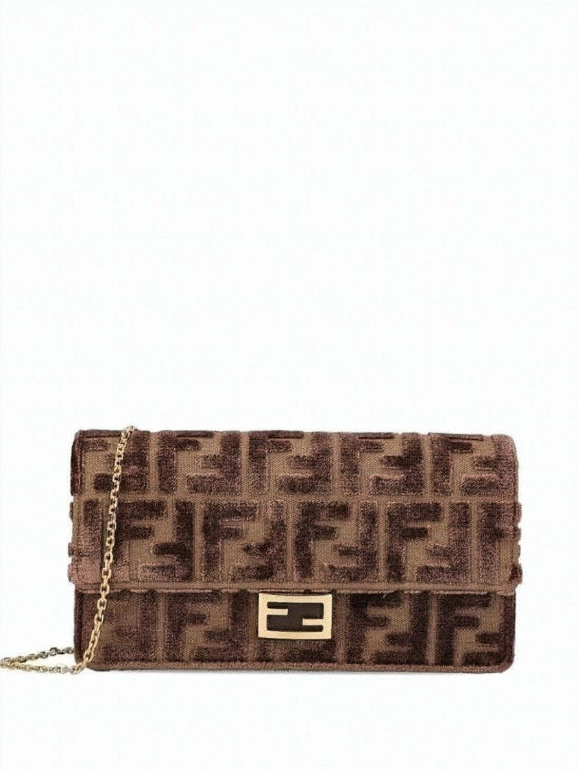 Fendi Textured Fabric Wallet With Monogram Pattern And Chain Strap