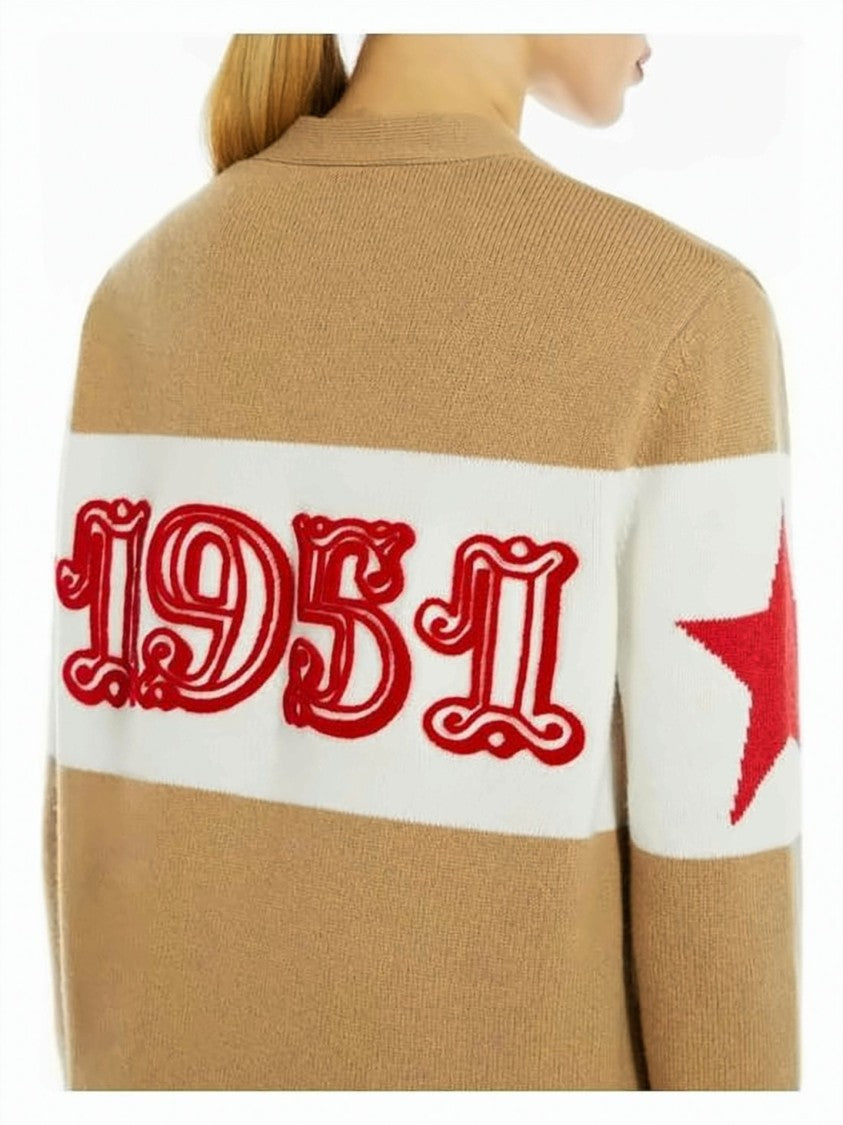 Max Mara Camel Knit Cardigan With Bold Stripes And Star Motifs