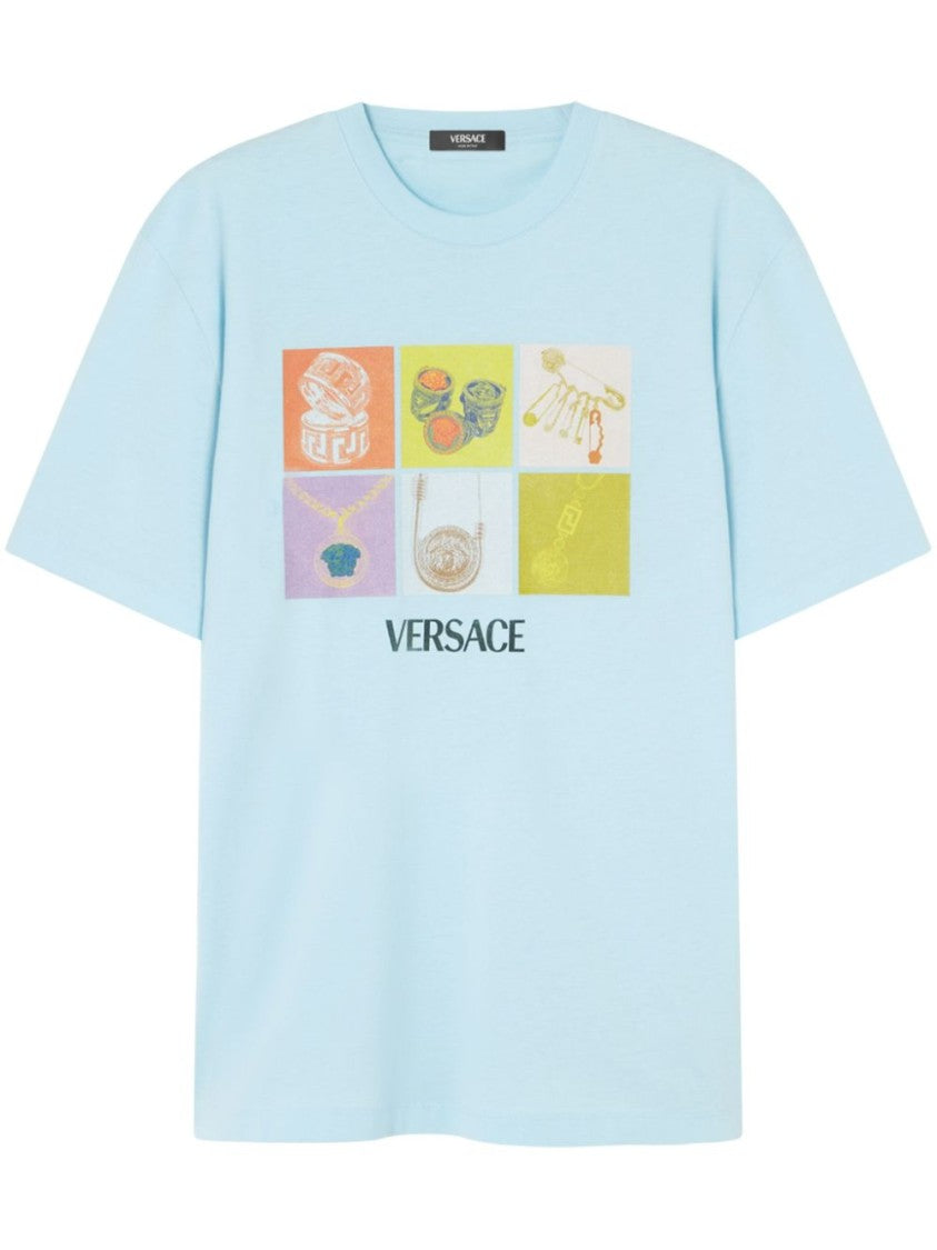 Versace Aqua Blue Relaxed Graphic Logo T-Shirt