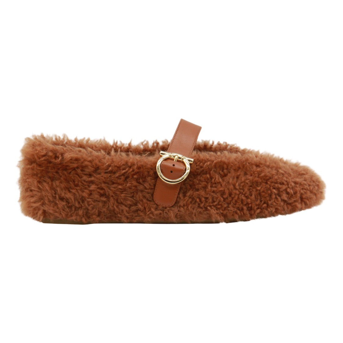 Ferragamo Curly-Textured Brown Flats With Gold Buckle Detail