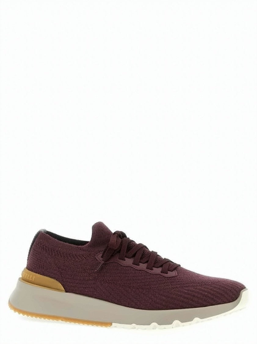 Brunello Cucinelli Seamless Knit Burgundy Sneakers With Calfskin Detailing