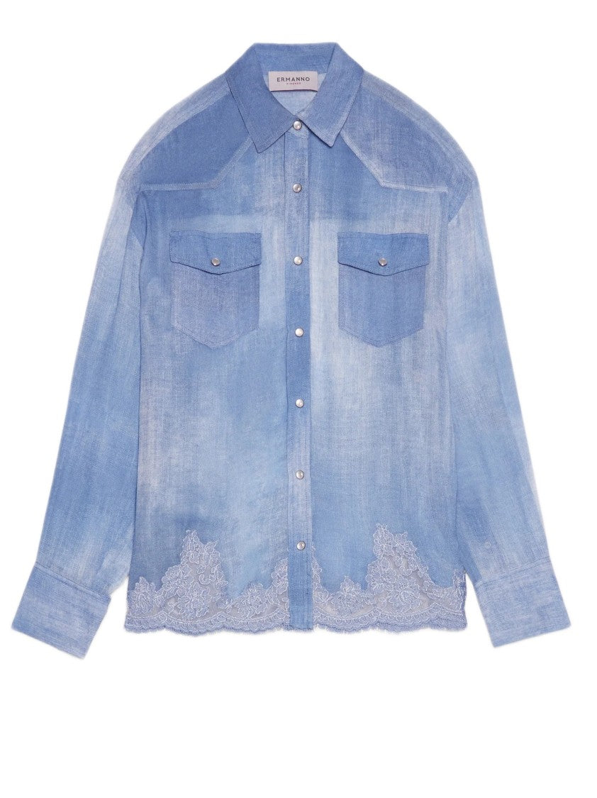 Ermanno Firenze Denim-Inspired Georgette Shirt With Lace Trim And Pearl Snap Buttons