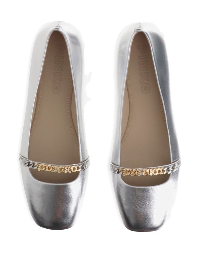 Pinko Pointed Toe Flats With Metallic Silver Finish And Chain Detail
