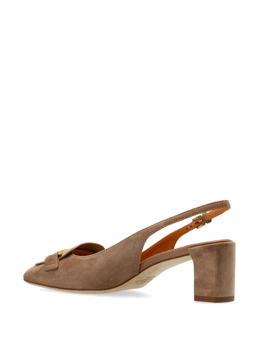 Tod's Pointed Toe Slingback Heels With Metallic Bow Accent