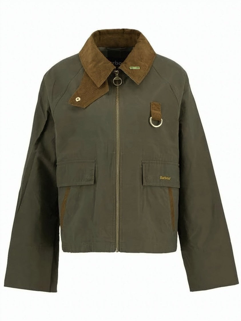 Barbour Boxy Cropped Olive Green Barbour Jacket With Corduroy Collar