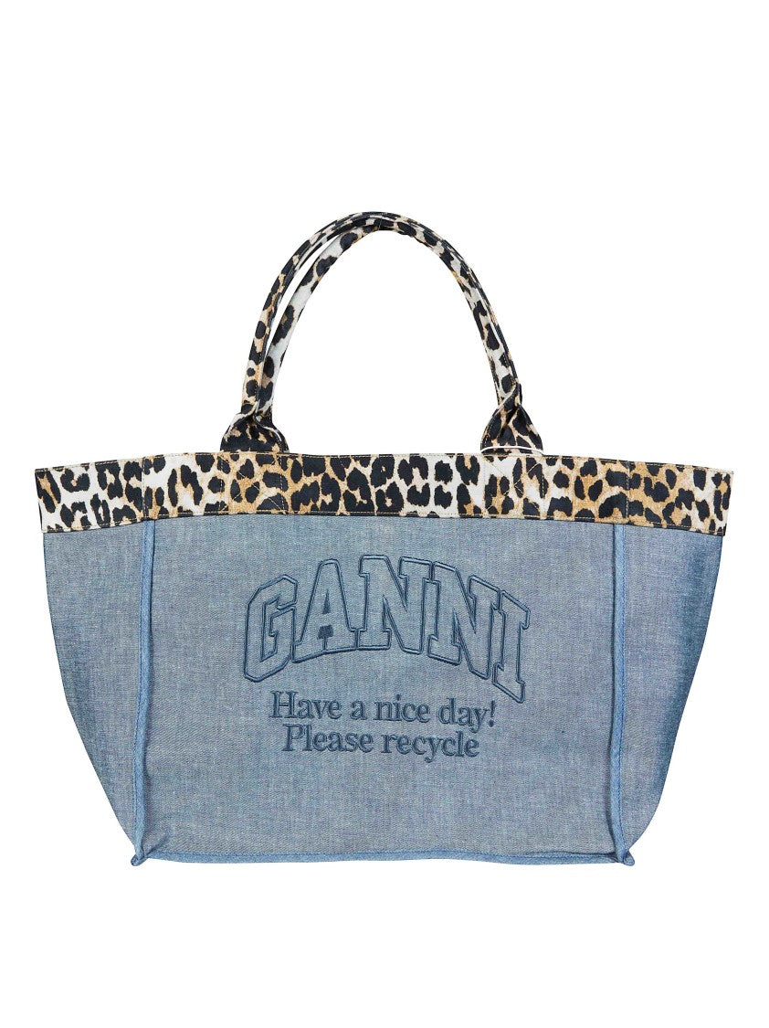 Ganni Denim Leopard Print External Pocket Tote Bag