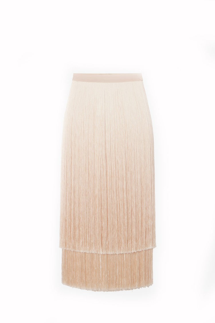 Elisabetta Franchi Blush Pink Tiered Fringed Hem Acetate Midi Skirt
