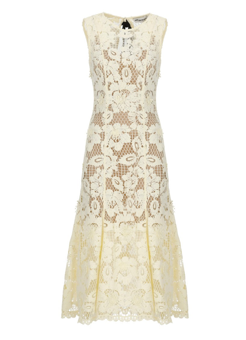 Self-Portrait Crochet Lace Midi Dress With Floral Relief And Flared Hem