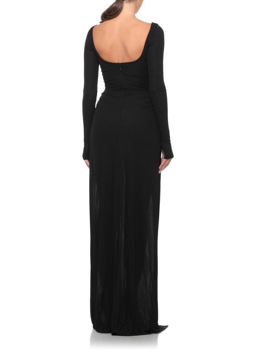 Elisabetta Franchi Asymmetrical Black Long Dress With Side Drape And Logo Pin