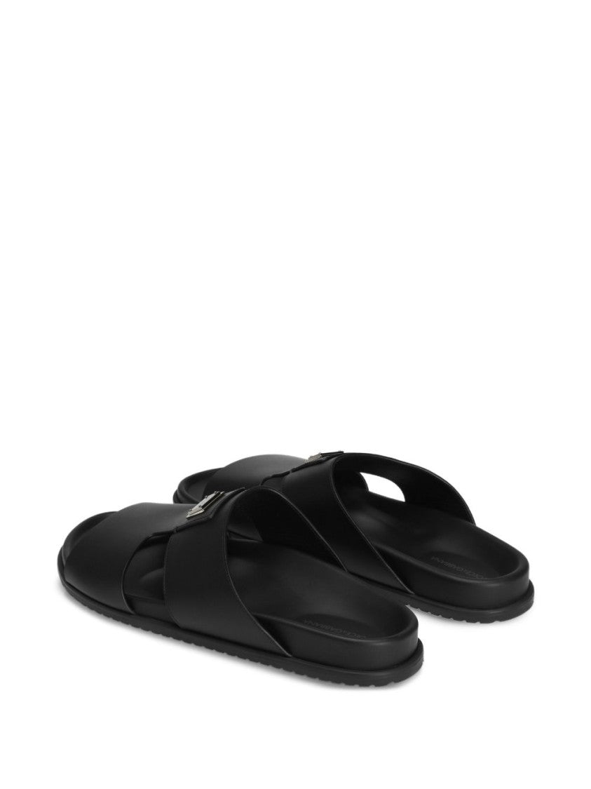 Dolce & Gabbana Logo-Embellished Black Leather Sandals With Moulded Footbed