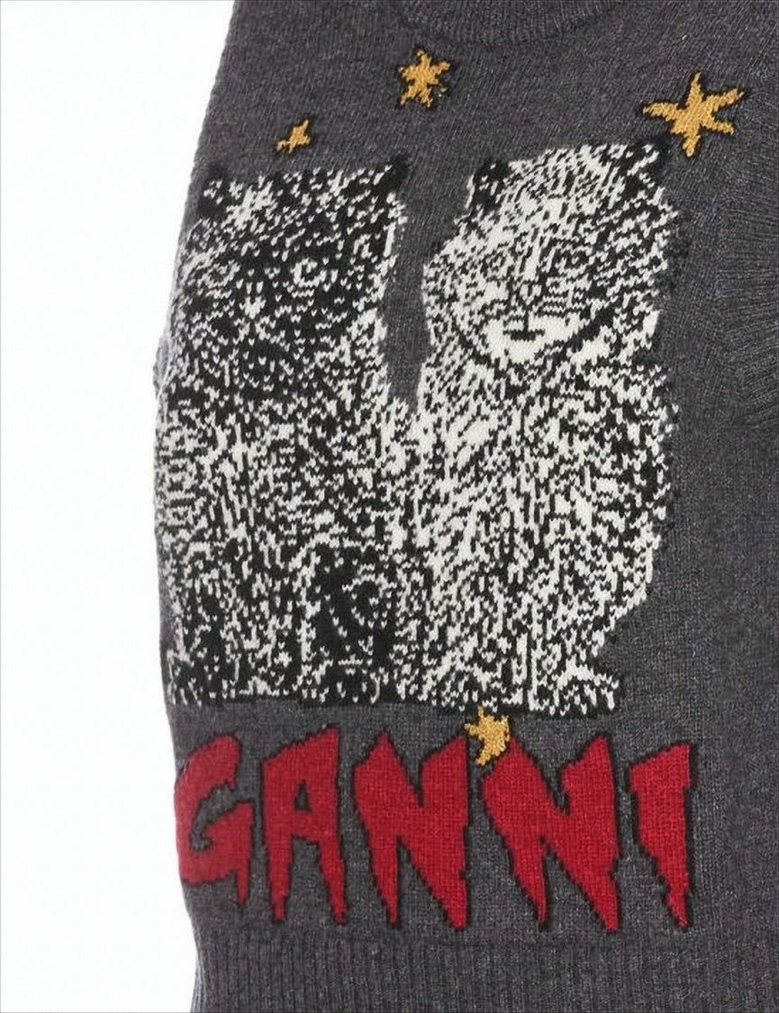 Ganni Sleeveless Knit Vest With Graphic Cat Design