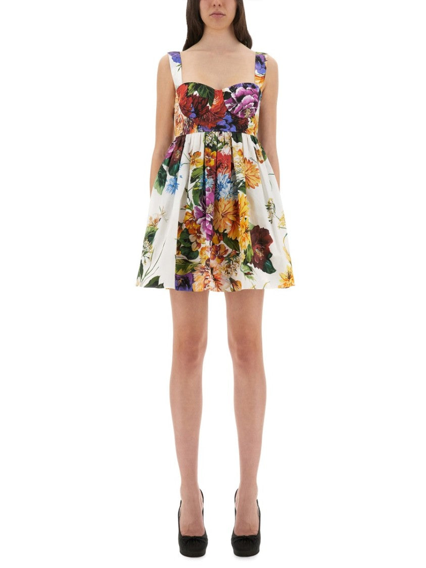 Dolce & Gabbana Bouquet Print Poplin Dress With Flared Skirt