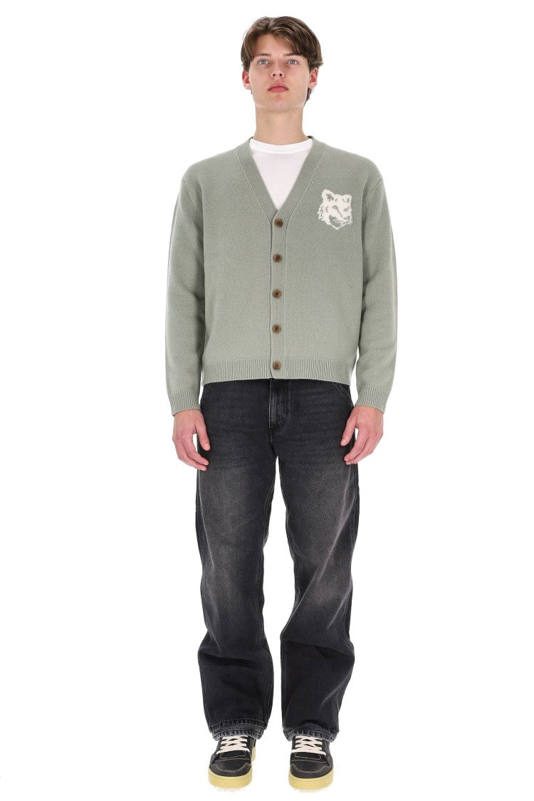 Maison Kitsuné Merino Wool Cardigan With Large Fox Embroidery
