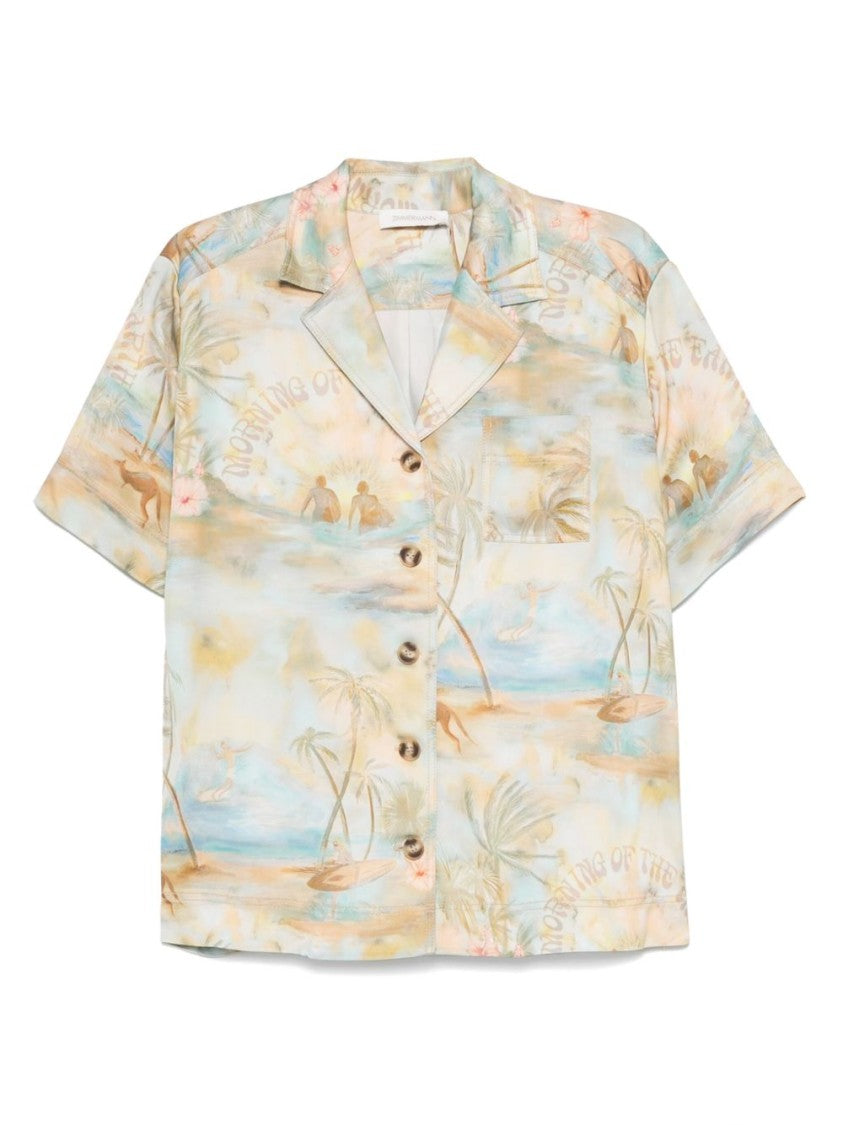 Zimmermann Tropical Print Short-Sleeved Shirt With Classic Collar