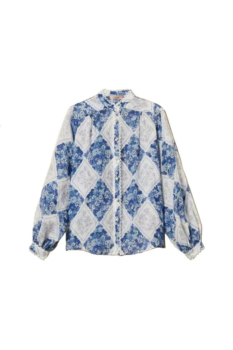 Twin-Set Blue Ramie Diamond-Patchwork Floral-Print Blouse