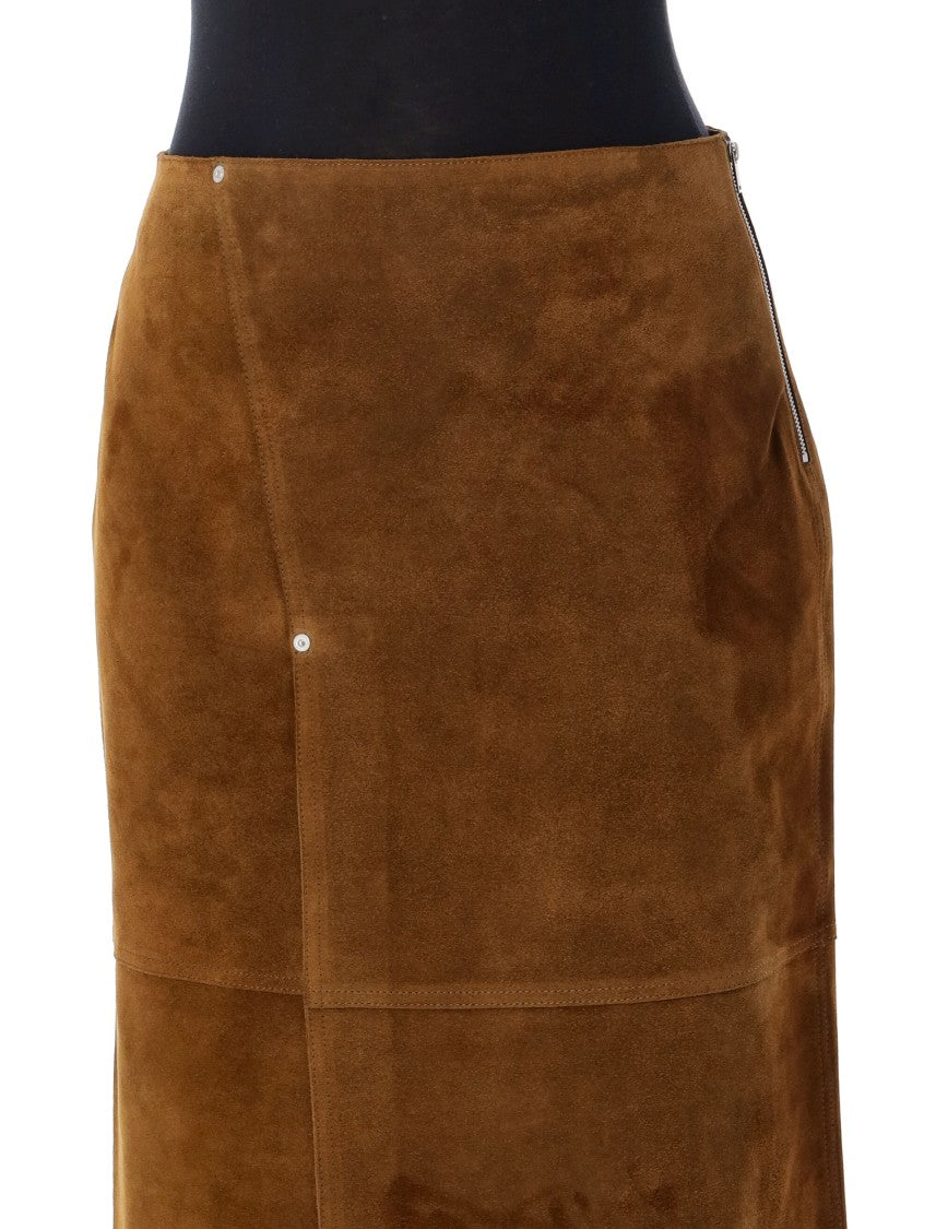 Studio Nicholson Brown Suede Midi Skirt With Patchwork Design