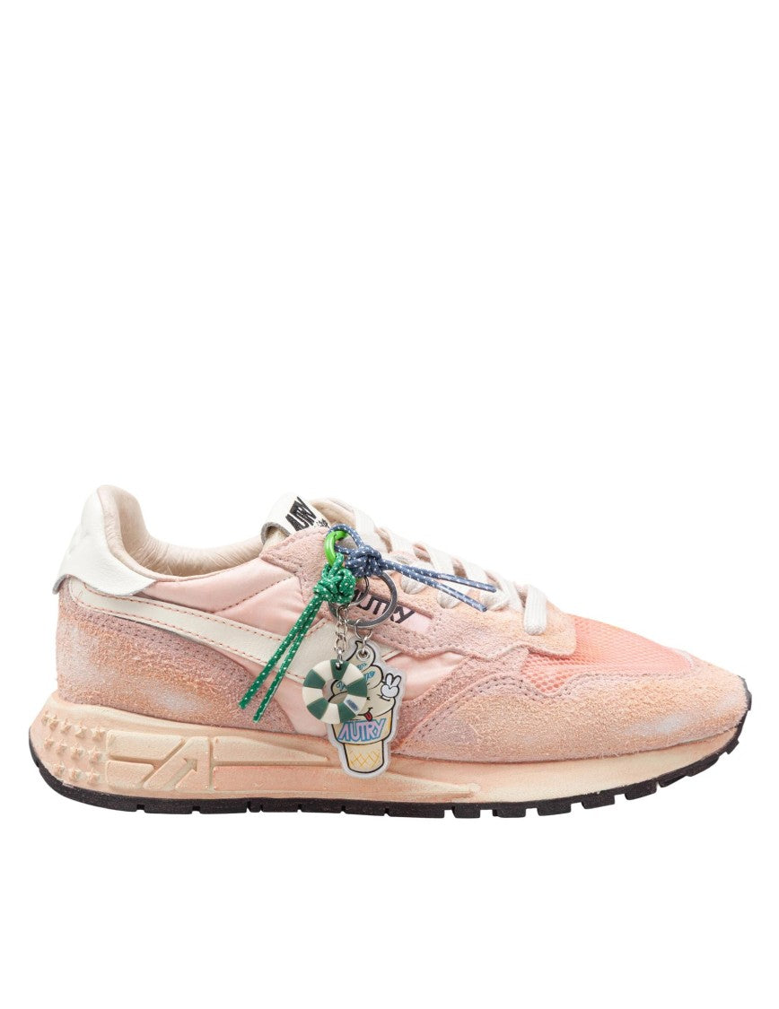 Autry Reelwind Super Vintage Nylon And Suede Sneakers In Pink And White